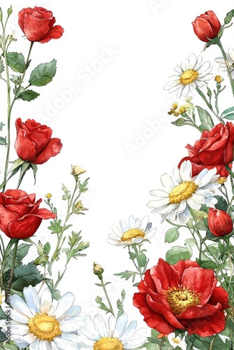 Watercolor Floral Border with Red Roses and White Daisies