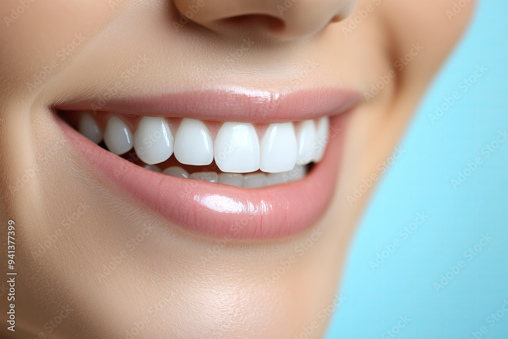 Obraz premium Clean and healthy white female woman teeth smile close up detail against blue background, dentist and dental hygiene concept.