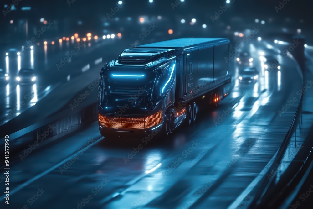 Naklejka premium Futuristic truck traveling on a rain-soaked highway, illuminated by neon lights in a vibrant night setting.