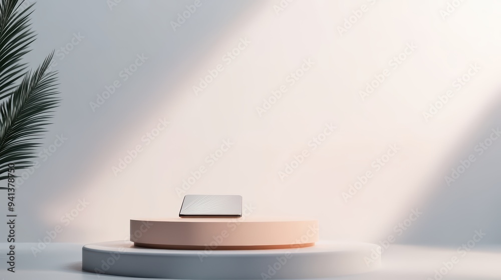 Minimalistic smartphone display on a pastel pedestal, ideal for modern tech showcases and product presentations. Minimalistic smartphone display on a pastel pedestal, ideal for modern tech showcases and product presentations.