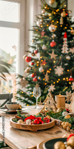Cozy Christmas Dining Room with Festive Table Decor and Tree in Background