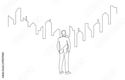 Continuous one line drawing of businessman looking at real estate market price graph, property investment concept, single line art.
