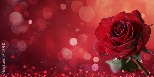 Single red rose with dew drops on petals against a red bokeh background.