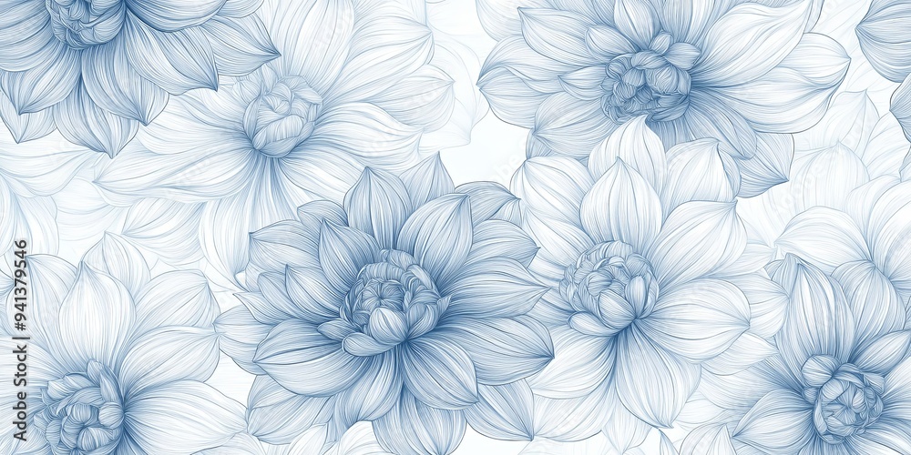 Fototapeta premium Delicate blue and white floral pattern with a minimalist design.
