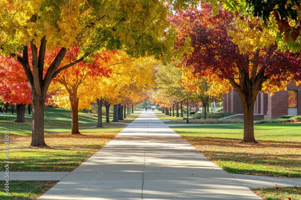 Autumnal Pathway Lined with Colorful Trees and Green Grass Autumnal Pathway Lined with Colorful Trees and Green Grass
