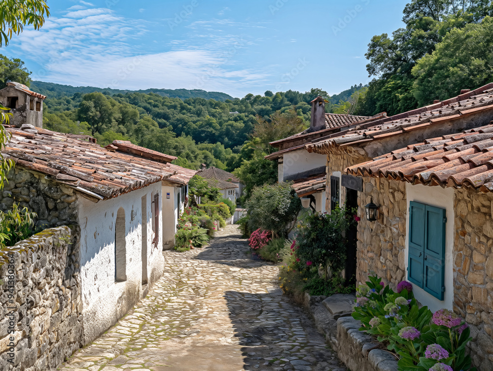A narrow cobblestone street with a row of houses on either side. The houses are made of stone and have red roofs. The street is lined with flowers and bushes, giving it a quaint A narrow cobblestone street with a row of houses on either side. The houses are made of stone and have red roofs. The street is lined with flowers and bushes, giving it a quaint