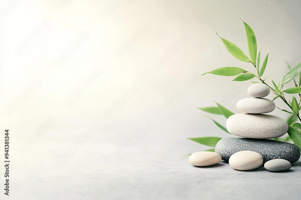 Zen stones and green leaves on grey background. Zen stones and green leaves on grey background.