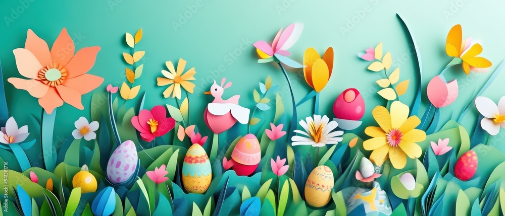 Vibrant paper cut-out flowers and colorful Easter eggs create a cheerful spring scene, perfect for festive celebrations. Vibrant paper cut-out flowers and colorful Easter eggs create a cheerful spring scene, perfect for festive celebrations.