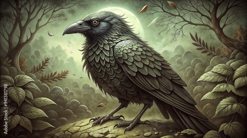 Mysterious raven perched alertly in eerie moonlit forest against misty green background photo