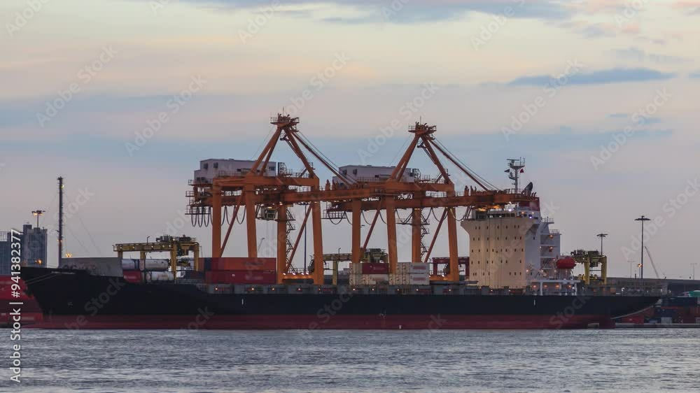 Cargo ship loading goods at shipping port day to night time lapse Cargo ship loading goods at shipping port day to night time lapse