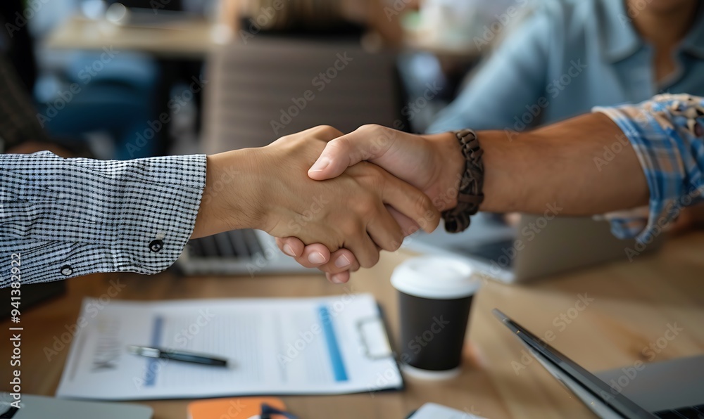 Business Partnership Meeting with Agreement Document, Handshake, and Collaborative Environment