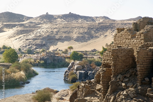 Elephantine Island on the Nile at Aswan and landscape, Upper Egypt
