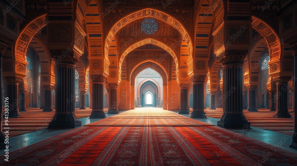 Obraz premium Ornate Mosque Interior with Glowing Arches Generative AI