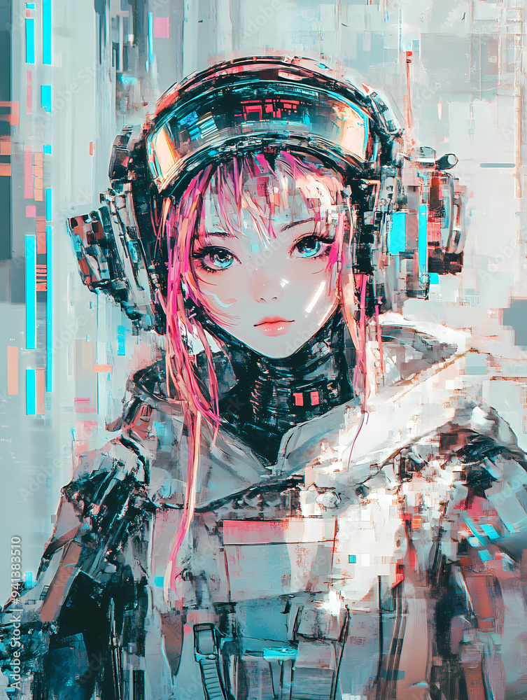 Sci-Fi Anime Girl Cosplay with Glitch Effects and Cyborg Gear in Synthwave Style Sci-Fi Anime Girl Cosplay with Glitch Effects and Cyborg Gear in Synthwave Style