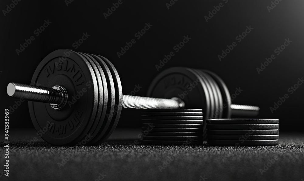 A close-up shot of a black barbell with weight plates on a black surface in a dark studio setting. A close-up shot of a black barbell with weight plates on a black surface in a dark studio setting.