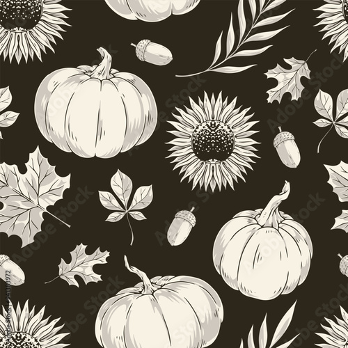 Autumn season monochrome seamless pattern