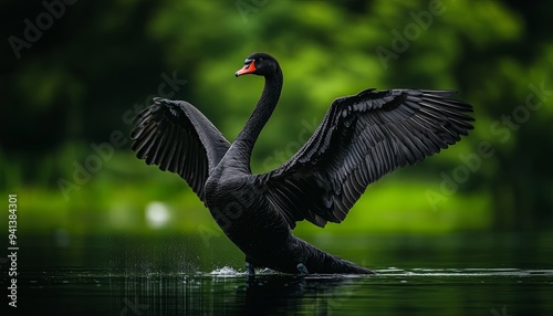 Fototapeta Naklejka Na Ścianę i Meble -  A black swan with its wings spread wide, landing on a calm pond with a splash of water.
