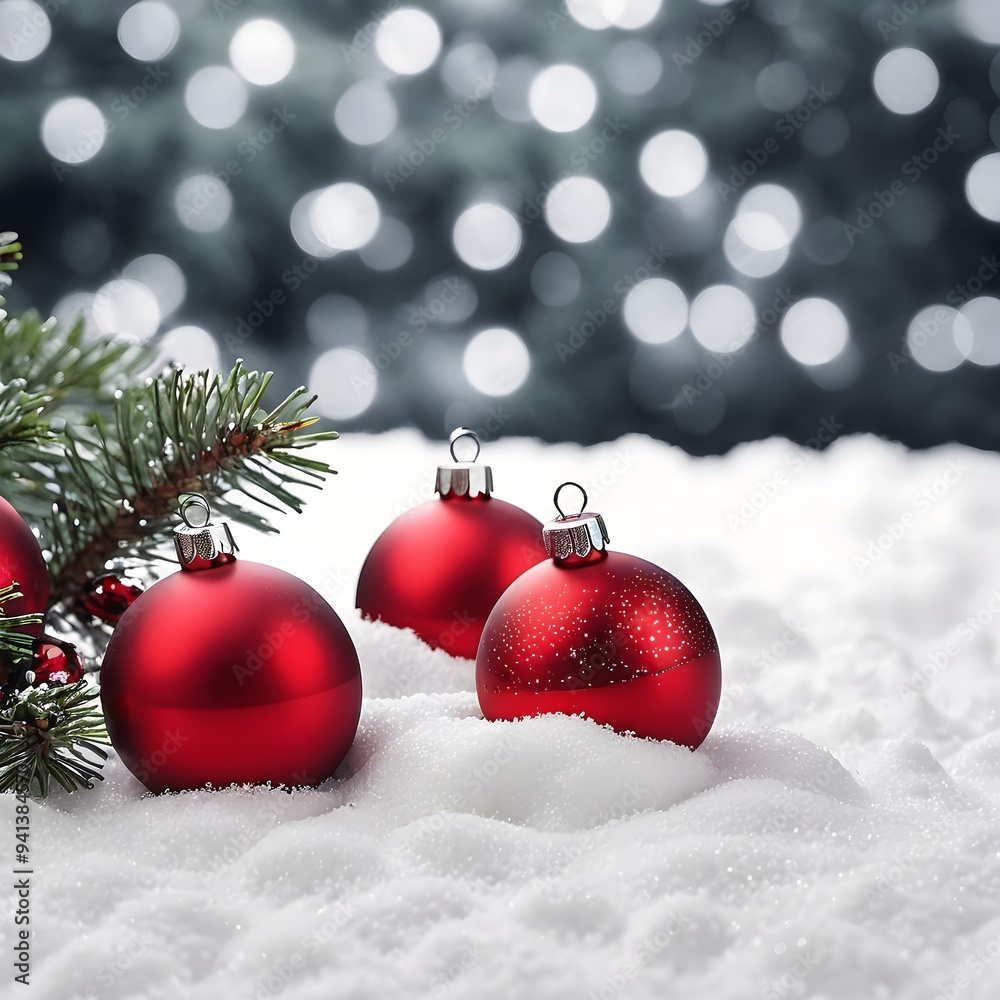 Red christmas balls on snow. Winter decoration for the holiday season Red christmas balls on snow. Winter decoration for the holiday season