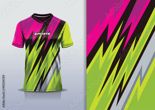 Sport jersey design template mockup stripe line racing for football soccer, running, esports, purple green gray black color
