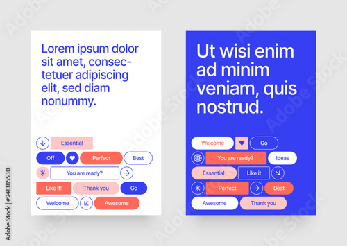 Layout template with geometric shapes and y2k patches, labels, tags, stickers for flyer, poster, cover, brochure or banner. 