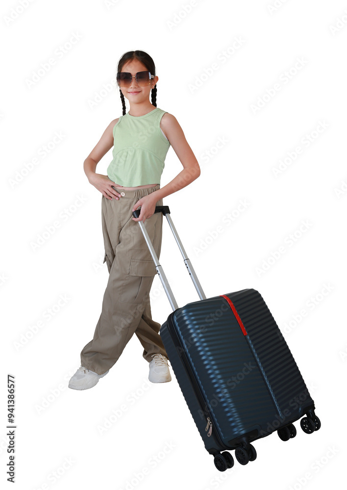Asian girl child with suitcase posture isolated on white background. kid fashion and travel concept. Full length photo. Asian girl child with suitcase posture isolated on white background. kid fashion and travel concept. Full length photo.