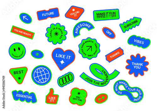 A bundle of modern contemporary sticker pack. Design with y2k patches, labels, tags, stickers for flyer, poster, cover, brochure or banner. 