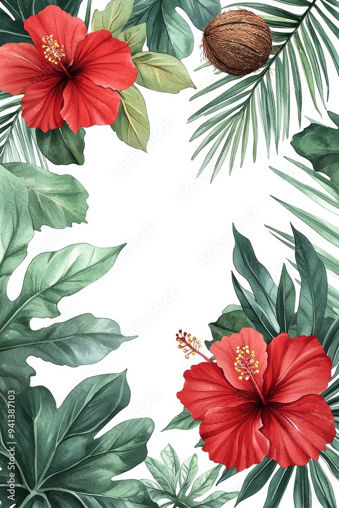 Tropical Floral Border with Hibiscus Flowers and Coconut Tropical Floral Border with Hibiscus Flowers and Coconut