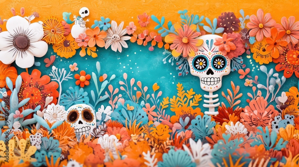 A vibrant and intricate Day of the Dead mural adorned with lively colors, featuring a clear section perfectly designed for text, celebrating this rich cultural tradition and its artistic expressions.