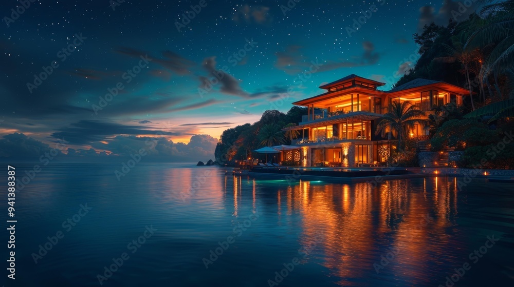 Fototapeta premium Luxury Beachfront Villa at Night - Generative AI
