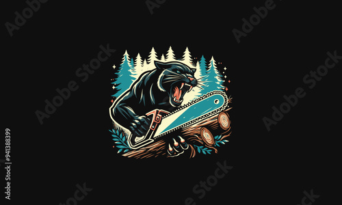 panther roar holding saw on forest vector illustration  design