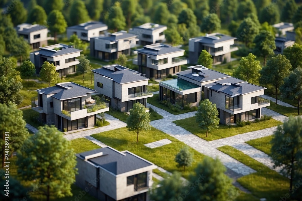 City Model with Low-Rise Houses and Trees: Tilted Photograph Showcasing a Conceptual Modern Home Built in a Forest by a Lake