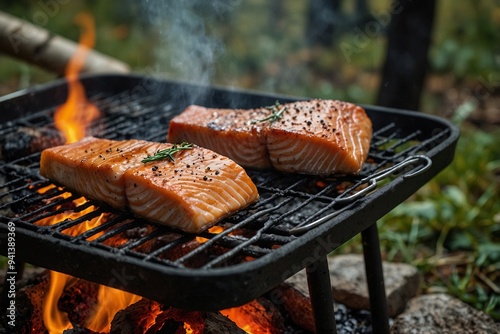 Salmon Fillet Cooking on a Grill Rack over Hot Coals During a Picnic by the Campfire in an Autumn Forest on a Sunny Meadow