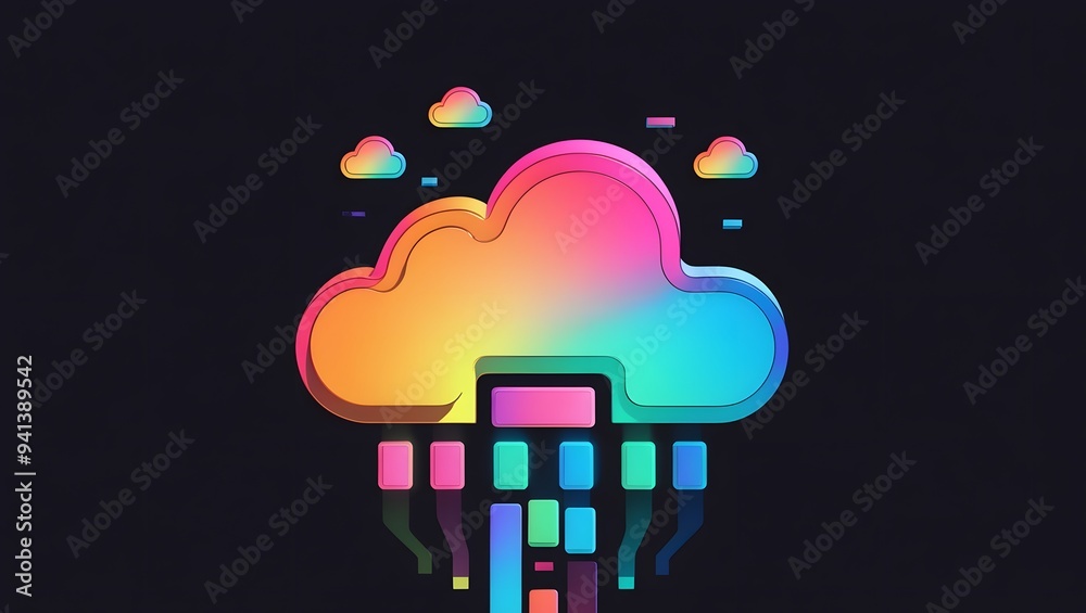  3D Neon Cloud Icon with Flowing Data on Dark Background
