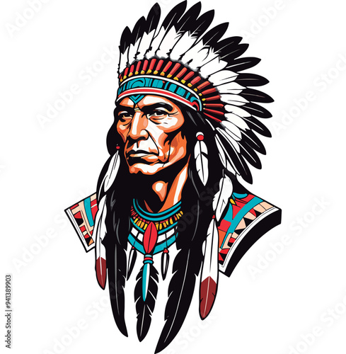 Vibrant illustration of a red indian male. Red indian man in draw with a white backdrop