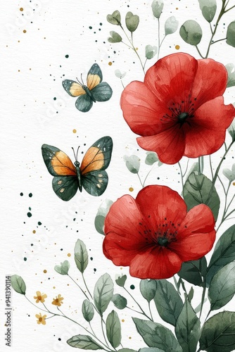 Watercolor Painting of Red Poppies and Butterflies