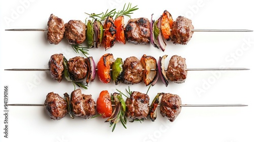 Metal skewers with delicious shish kebabs isolated on white, top view