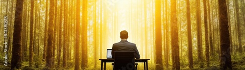 A person works at a laptop in a serene forest with sunlight streaming through the trees, creating a calm and inspiring atmosphere.