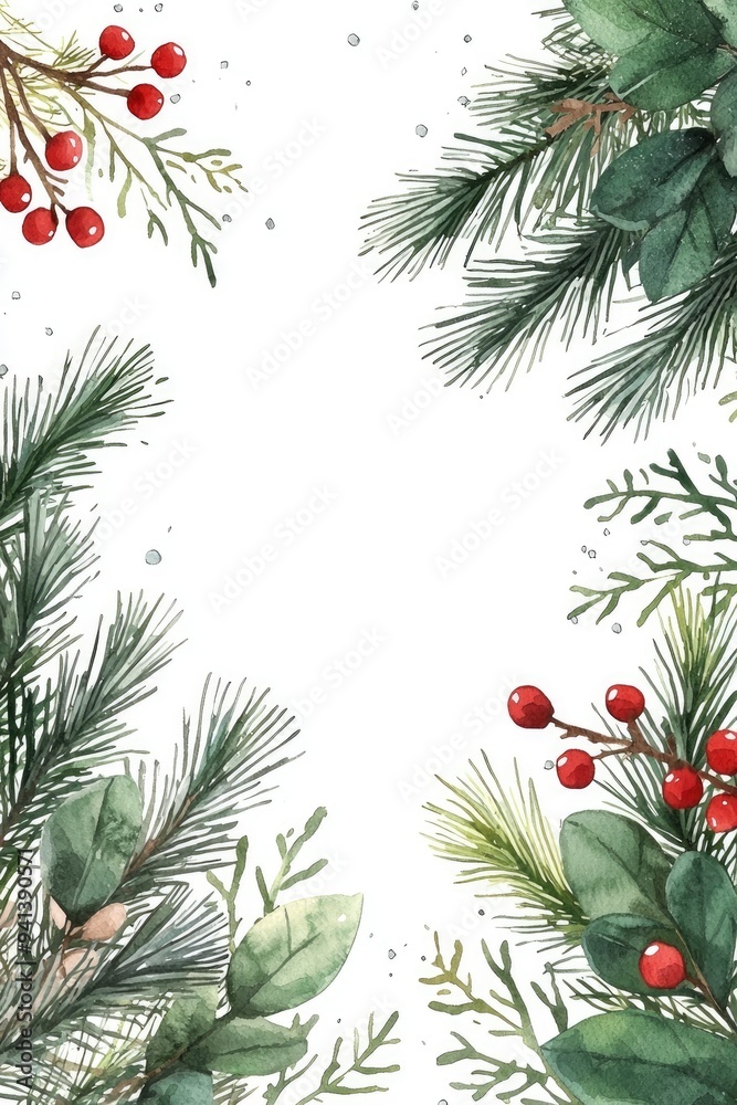 Watercolor Christmas Frame with Pine Branches and Red Berries Watercolor Christmas Frame with Pine Branches and Red Berries