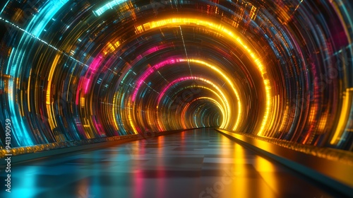 A vibrant  futuristic tunnel illuminated with colorful lights and reflections.