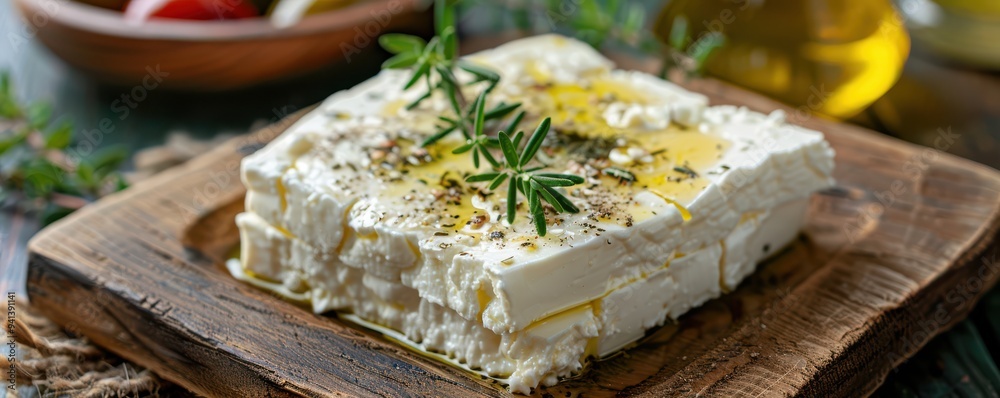Traditional Greek feta cheese with herbs on a rustic wooden board. Traditional Greek feta cheese with herbs on a rustic wooden board.