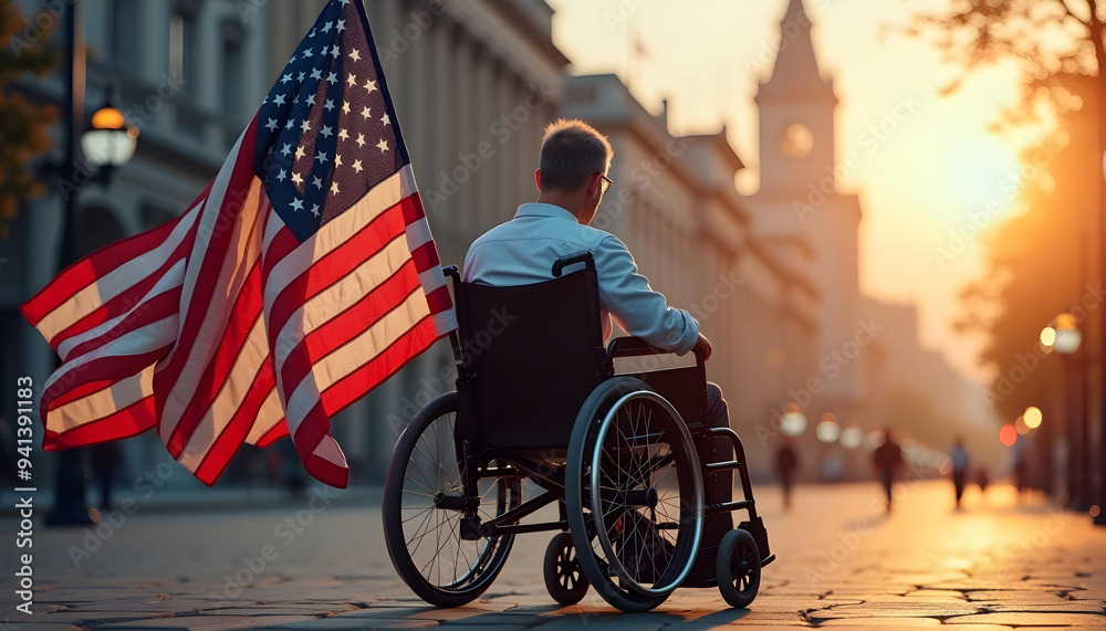 Obraz premium Man in Wheelchair Holding American Flag at Sunset in City