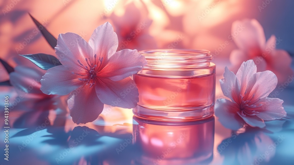 Pink Blossoms with Glass Jar in Soft Lighting Generative AI Pink Blossoms with Glass Jar in Soft Lighting Generative AI