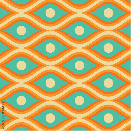 70s Retro Seamless Pattern in Orange, Turquoise and Beige. 60s and 70s Retro style and Aesthetic 