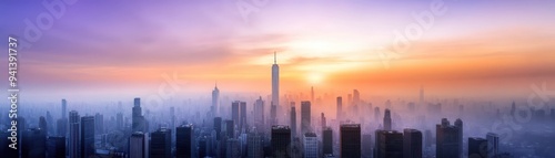 Stunning skyline view at sunset, showcasing tall buildings and vibrant colors reflecting off the clouds.
