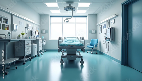 Hospital Room with a Bed, Medical Equipment, Window, and Chair