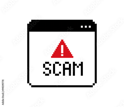 SCAM - message window in retro 8-bit style game. Vintage video game style sign caution message. Web3 technology notice interface message. Geek style pixel graphics window with SCAM text. Vector