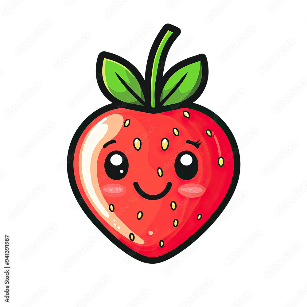 Obraz premium This adorable cartoon strawberry features a cheerful face and bright green leaf, smiling happily at the viewer, rendered in a colorful and playful style against a white background.