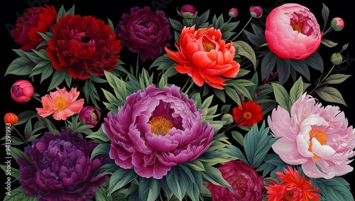 Vibrant Digital Illustration of Blooming Flowers with Detailed Petals on Dark Background