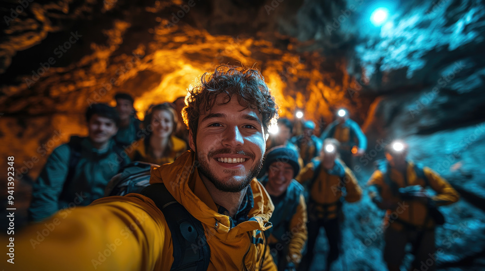 Obraz premium A group of young cavers stands in a brightly lit section of an underground cave, all smiling and posing for the camera. Their expressions, as well as the cave's jagged walls, capture the essence of cu