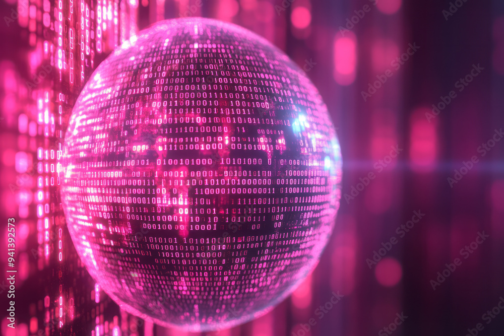 Fototapeta premium A digital globe surrounded by binary code, isolated on a pastel lavender background, capturing the expansion of global technology,